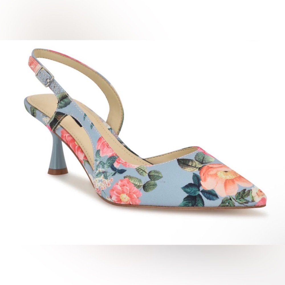 Renela Pointed Toe Slingback Pumps Blue Floral